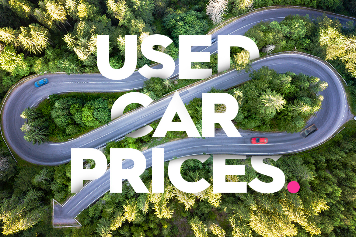 A winding road running through the text, “Used Car Prices”.