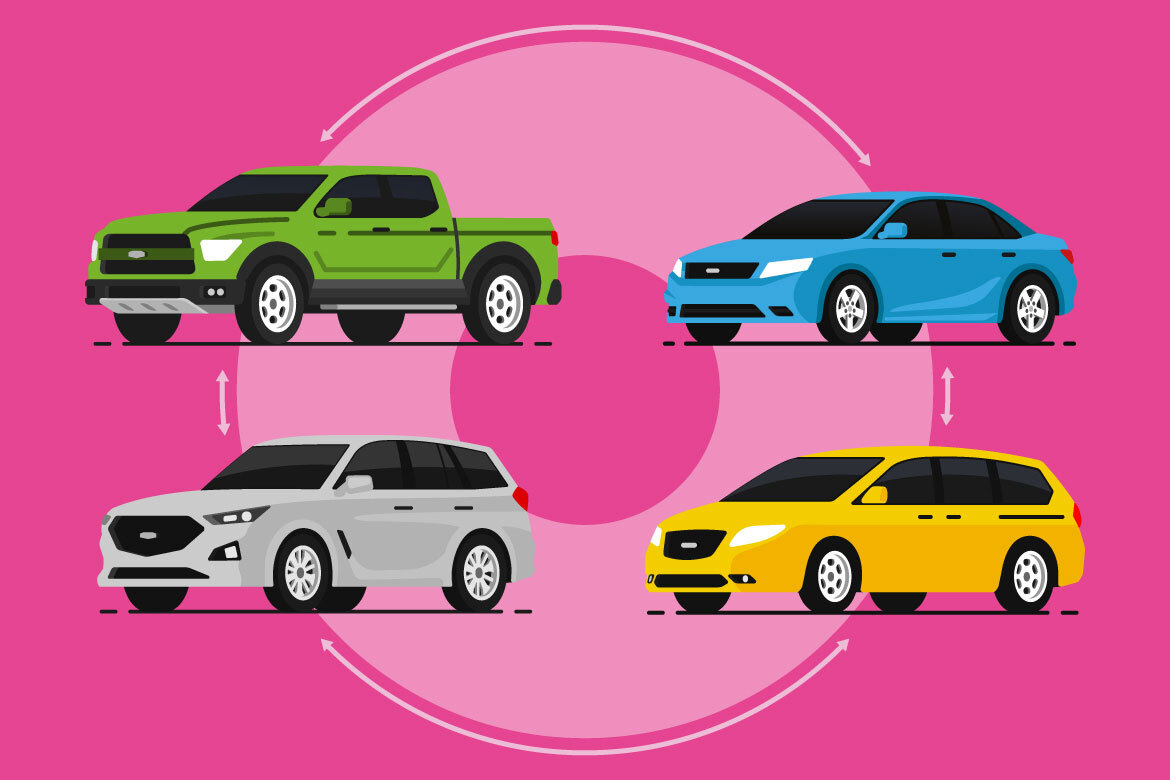 4 vehicle types in 4 different colors.