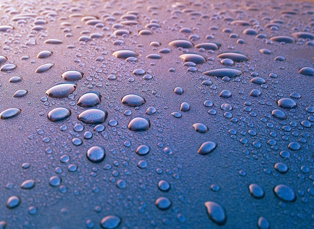 Water droplets on the front hood of a car.