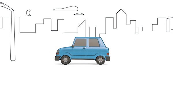 A drawing of a blue car in front of an outline of a city. 