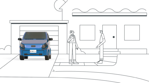 A drawing of a couple standing next to their blue car in the driveway. 