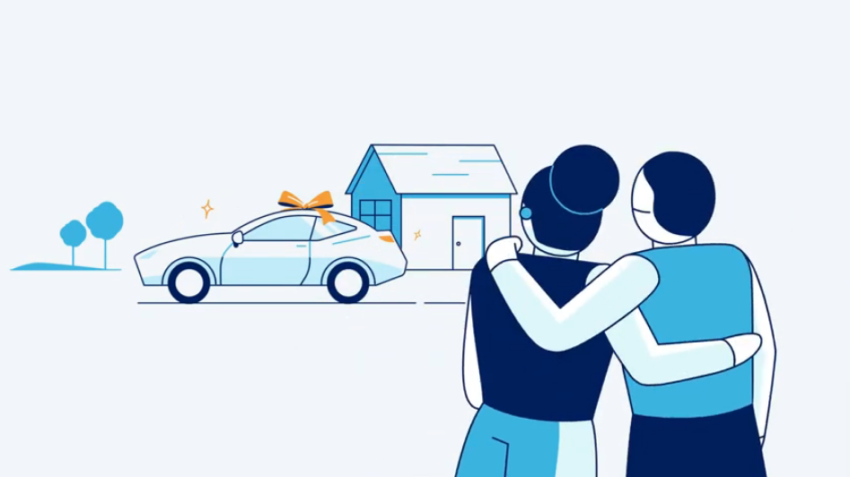 A drawing of a hugging couple looking at their newly purchased used car. 